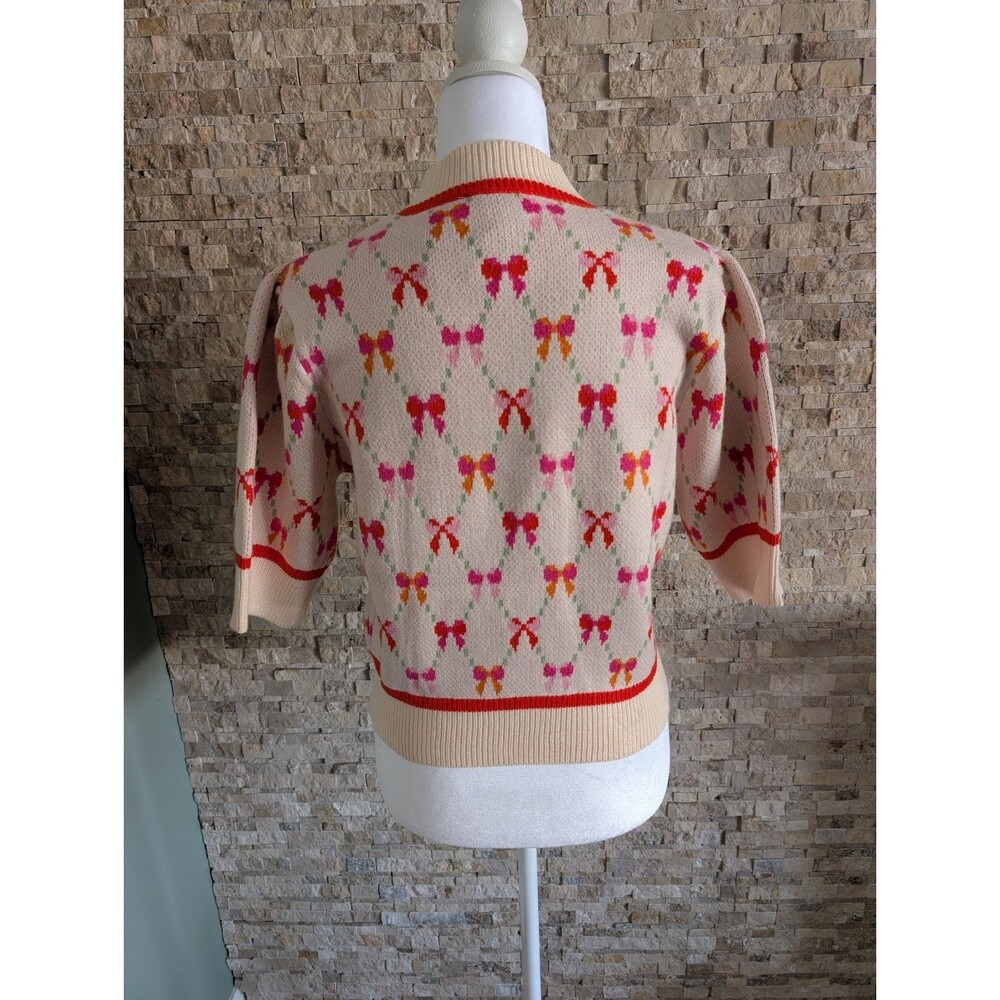 NWT Bow Print Coquette Artsy Cream Sweater Colorful Preppy - Picture 2 of 15